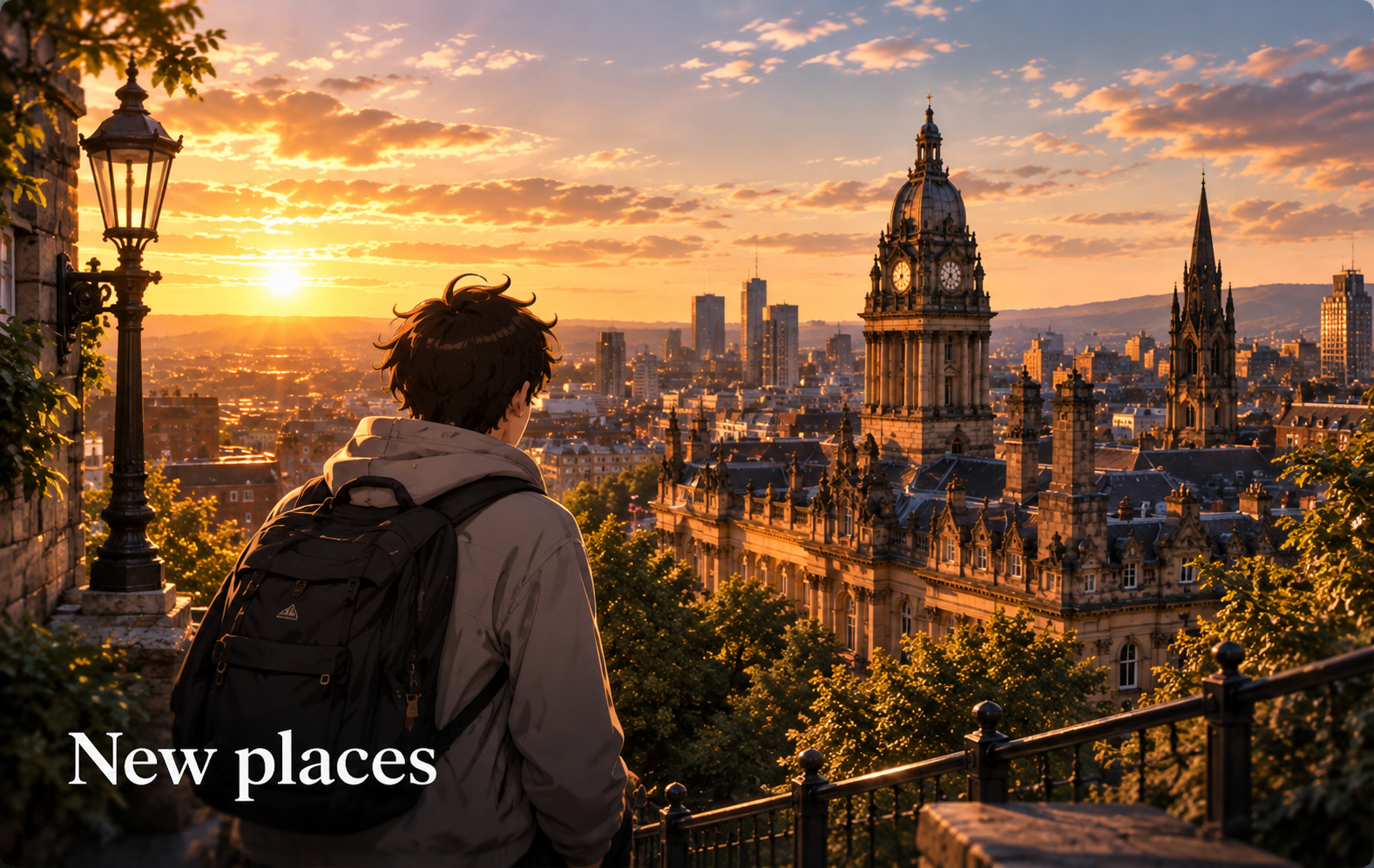 New places — a traveller looking out over a city at sunset