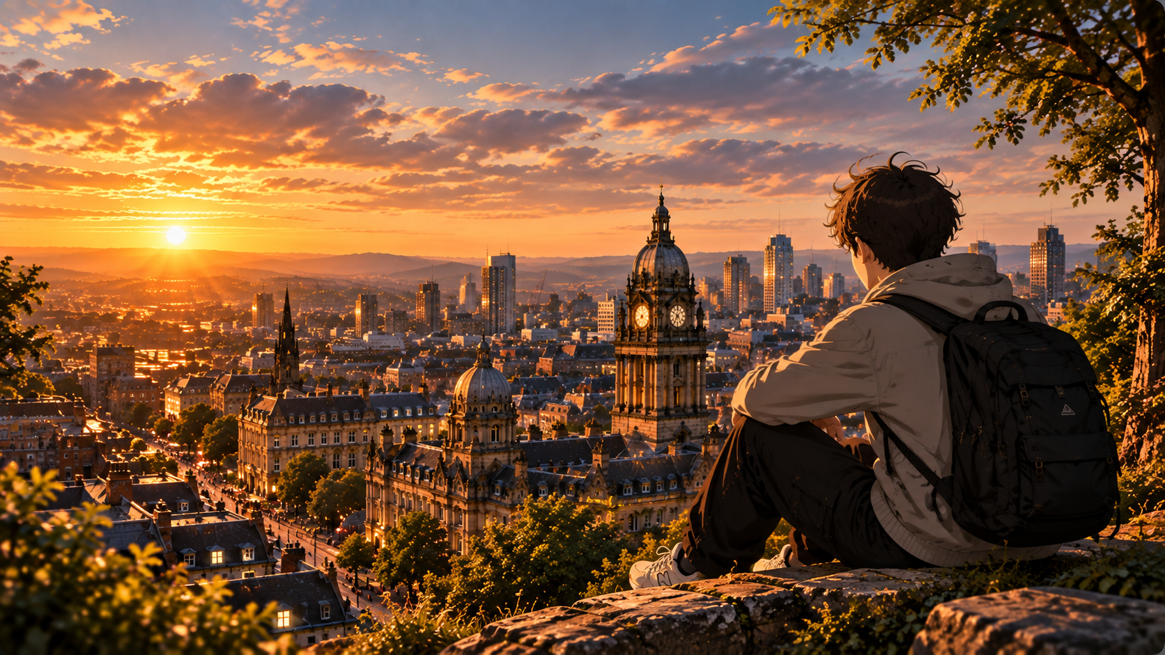 Illustration of an explorer looking across Leeds at sunset