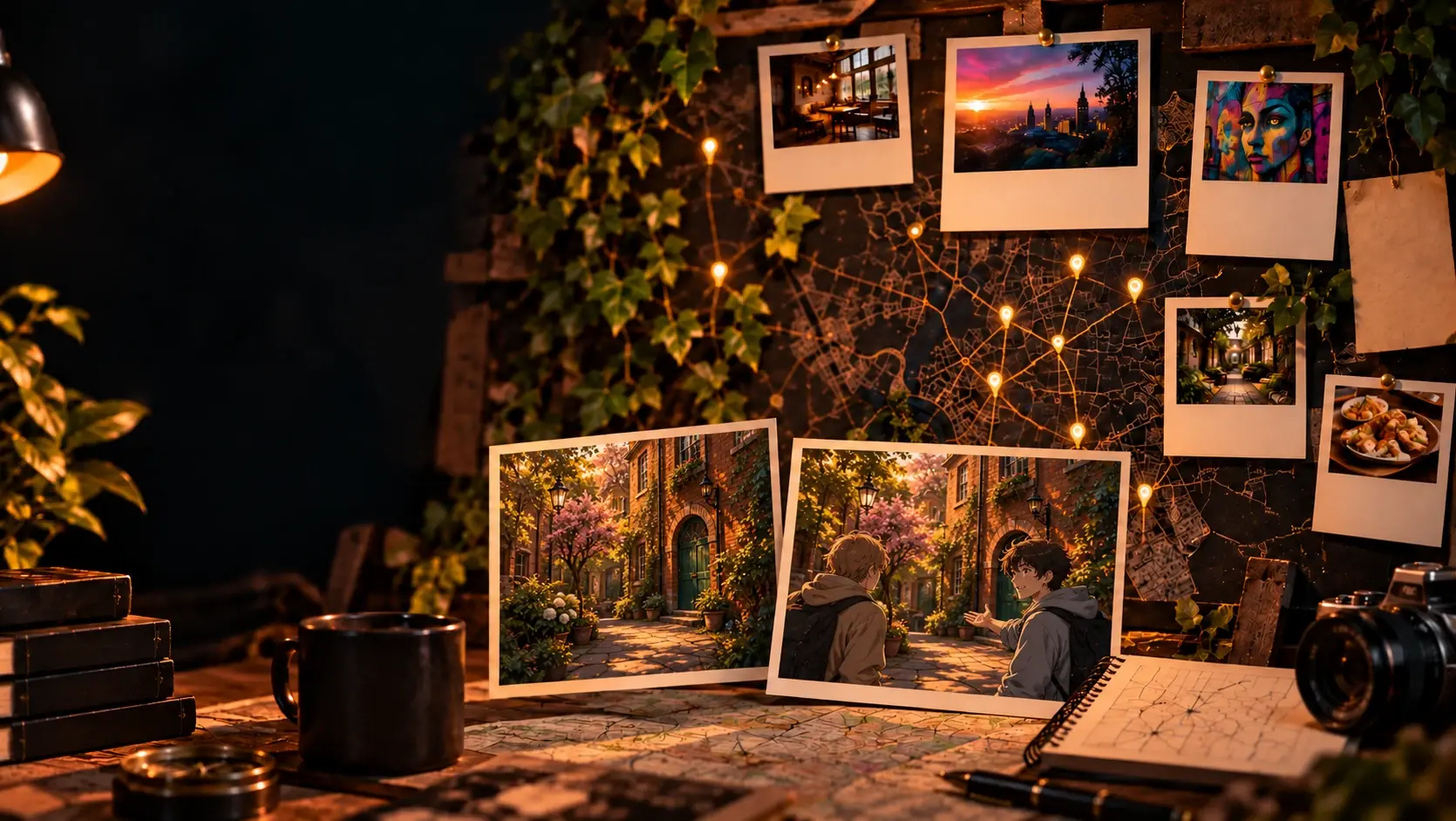 Illustrative discovery board: photographs of places pinned to a city map, and an explorer introducing a friend to a courtyard they found